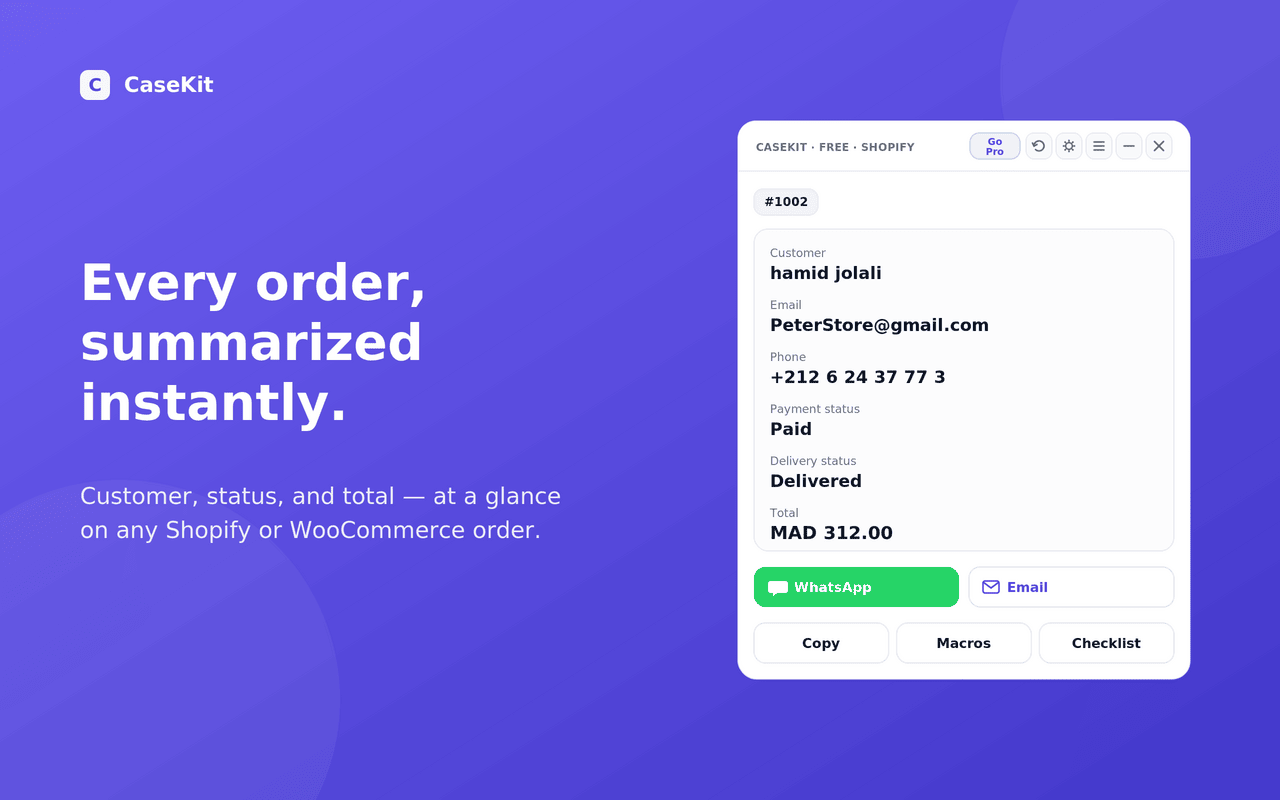 Casekit order summary panel showing customer, payment status, delivery status and order total on a Shopify or WooCommerce order