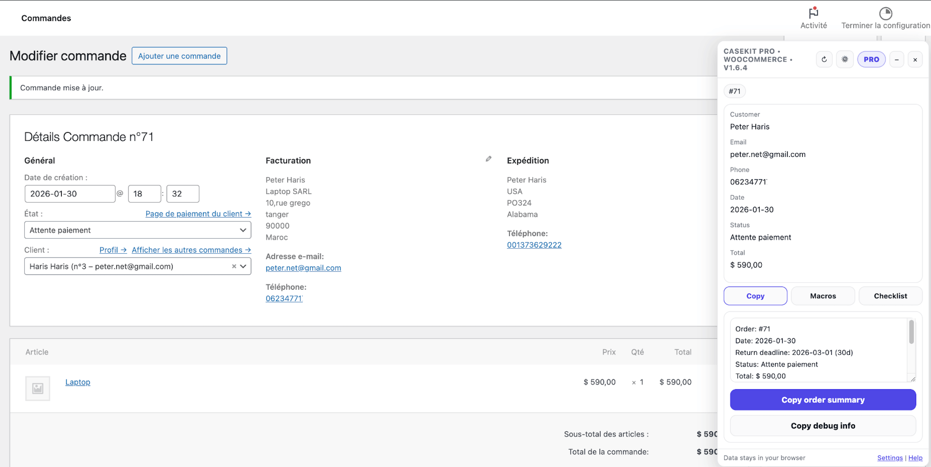 WooCommerce — Copy order summary