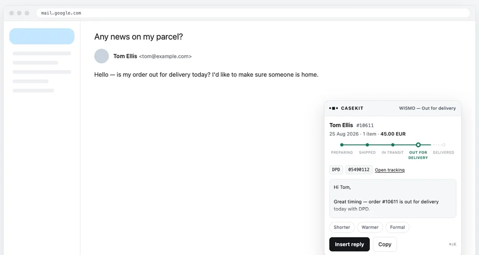 CaseKit showing order #10611 out for delivery today with DPD, and the matching reply