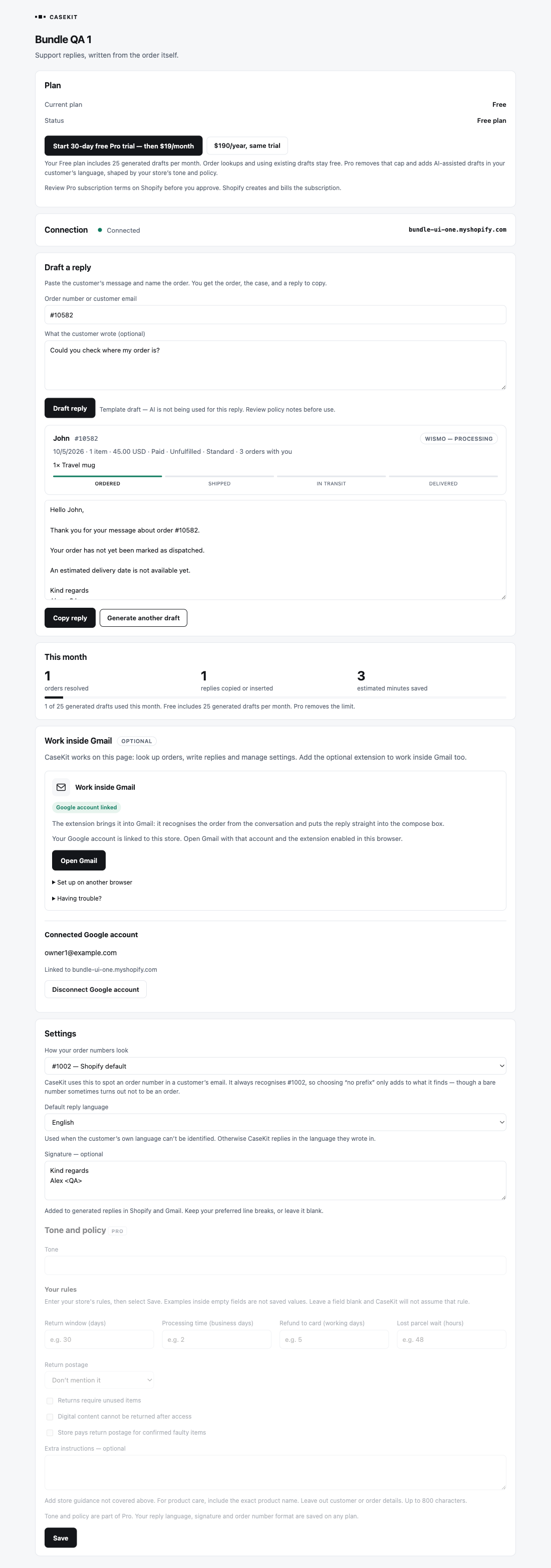 CaseKit in Shopify Admin: a customer message, matched order and editable support reply with Copy reply